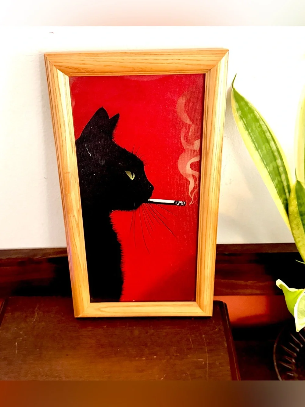 Black Cat Smoking a Cigarette Red Canvas Vintage Wood Framed Wall Hanging Art